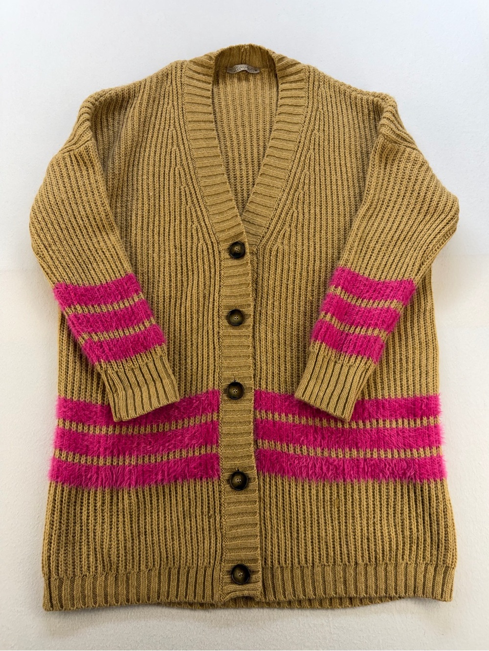 NICCOLAI Tan Cardigan with Hot Pink Stripe Accents—Italian Made